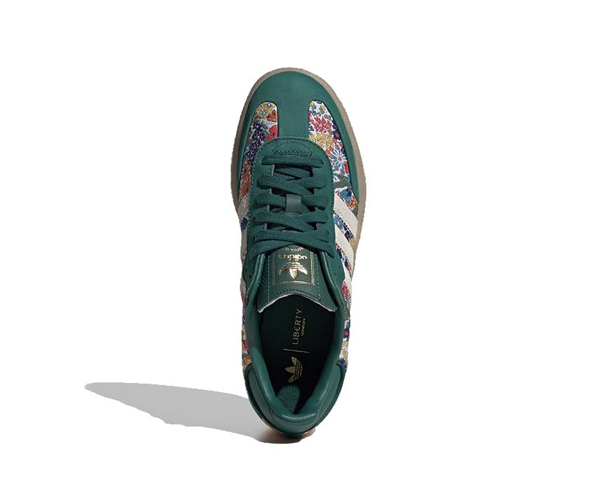 Adidas Samba X Liberty London Clear Sky détail — tissu Liberty et patch T-toe daim