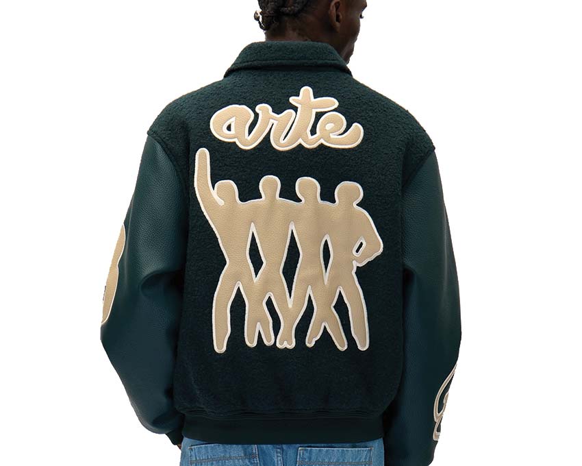 Arte Varsity Jacket Green vista laterale — bande a contrasto universitario