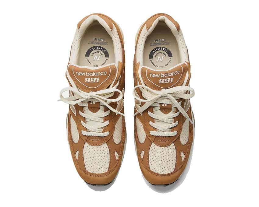 New Balance 991 Chipmunk Taupe Detail — Premium Nubuk taupe braun Made in UK