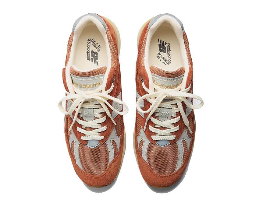 New Balance 991v2 Potters Clay détail — empiècements tons terre cuite naturelle