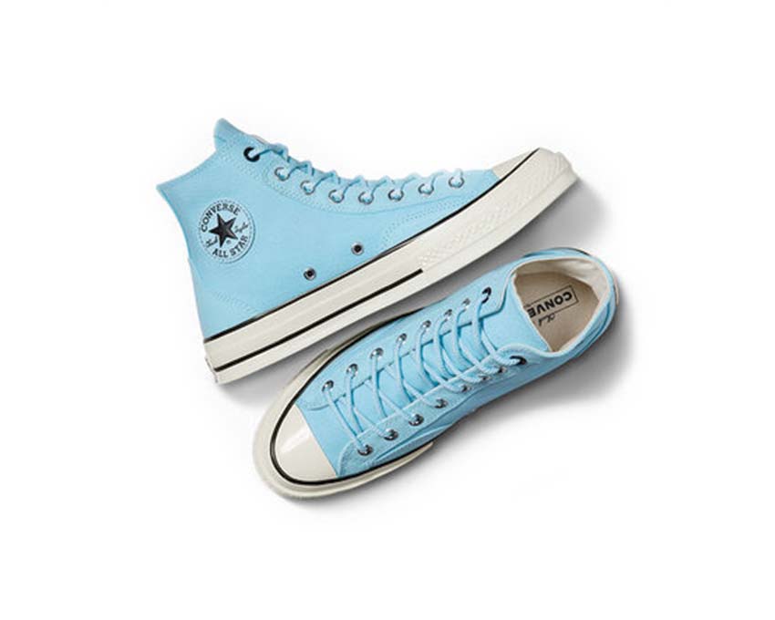 Converse Chuck 70 Hi Sky Blue détail — patch cheville toile bleu pastel
