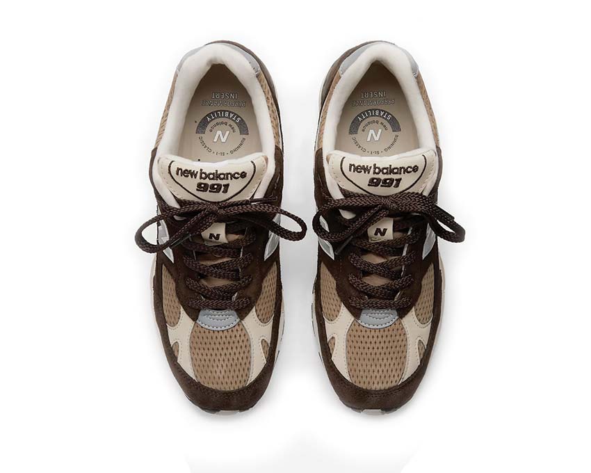 New Balance 991v1 Finale Delicioso détail — finitions suède Silver Mink