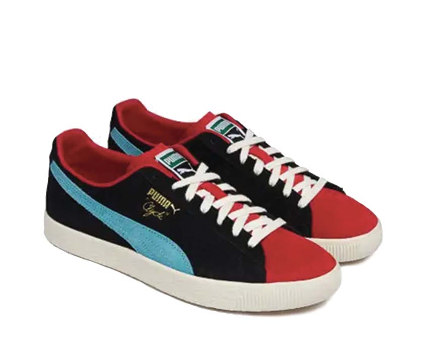 Puma Clyde OG Black Red vista laterale — scamosciato premium bicolore