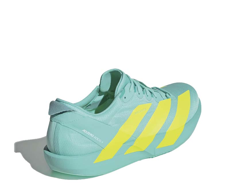 Adidas Adizero Adios 9 Flash Aqua detalle — material mesh y placa de carbono