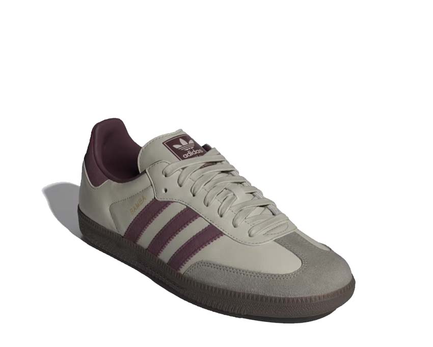 Adidas Samba OG Putty Grey Maroon vue latérale — 3 bandes Gold Metallic cuir