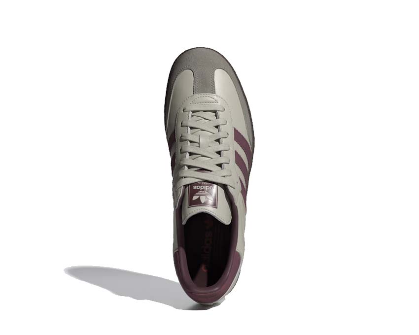 Adidas Samba OG Putty Grey Maroon détail — empiècement suède et finitions dorées