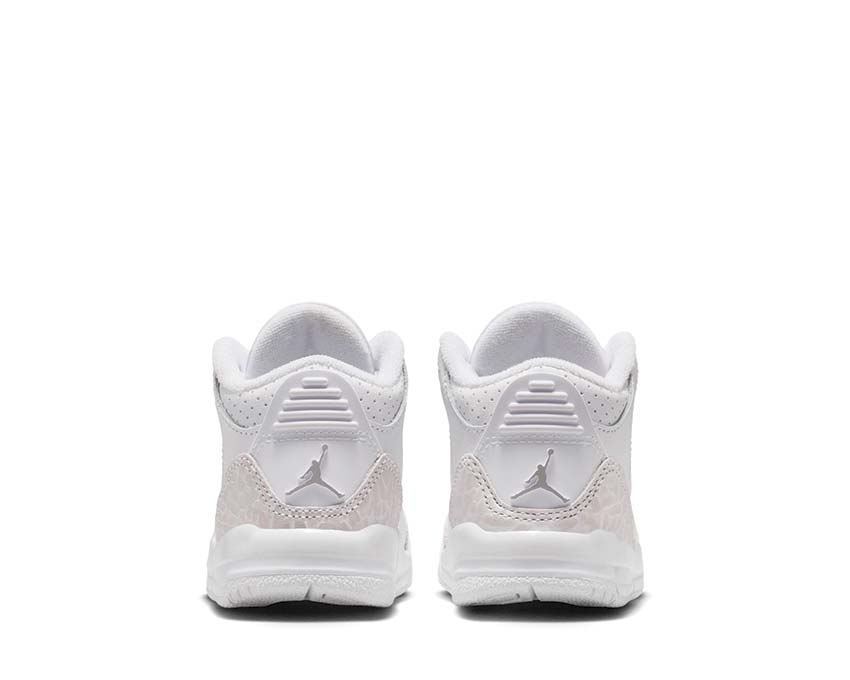 Air Jordan 3 Retro TD Pure Money detalle — print elefante plata metálico bebé