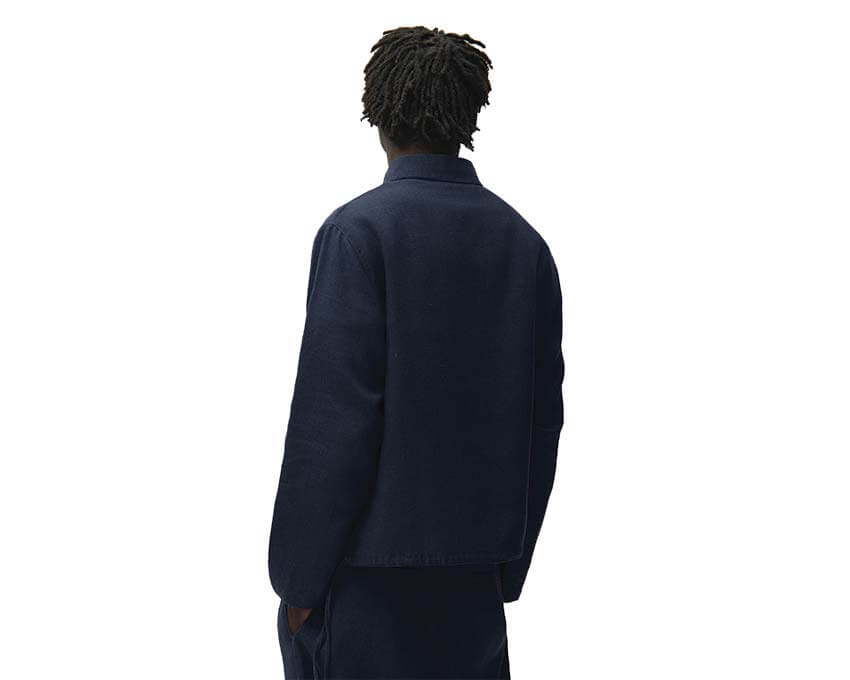 Arte Linen Quarter Zip Pullover Navy detail — quarter zip and collar linen finish