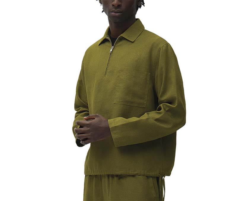 Arte Linen Quarter Zip Pullover Verde vista laterale — pullover uomo taglio dritto lino
