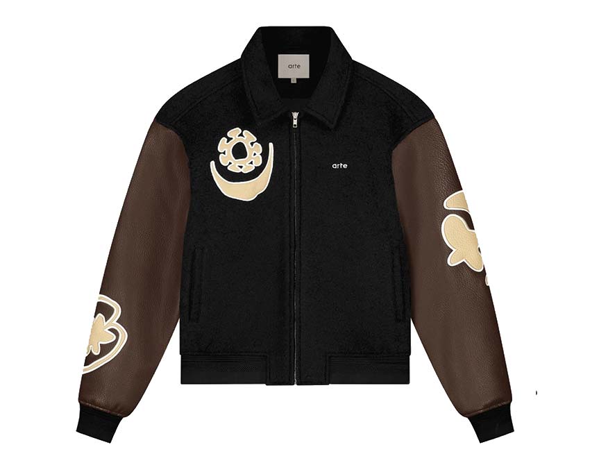 Arte Varsity Jacket Black Brown — giacca universitaria unisex bicolore