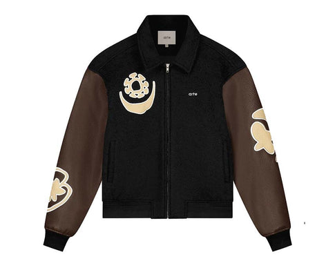 Arte Varsity Jacket Black Brown — giacca universitaria unisex bicolore