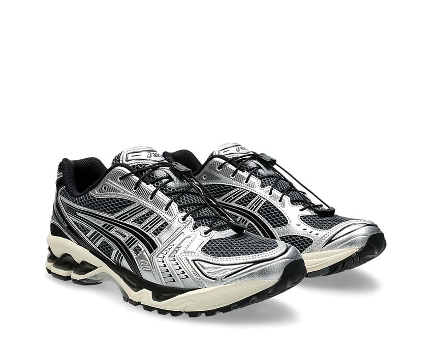 Asics Gel Kayano 14 Carrier Grey/Black vue latérale — tige mesh et cuir structurant