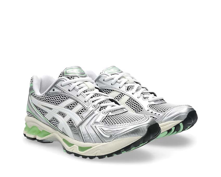 Asics Gel Kayano 14 White/Menthol vue latérale — tige mesh vintage