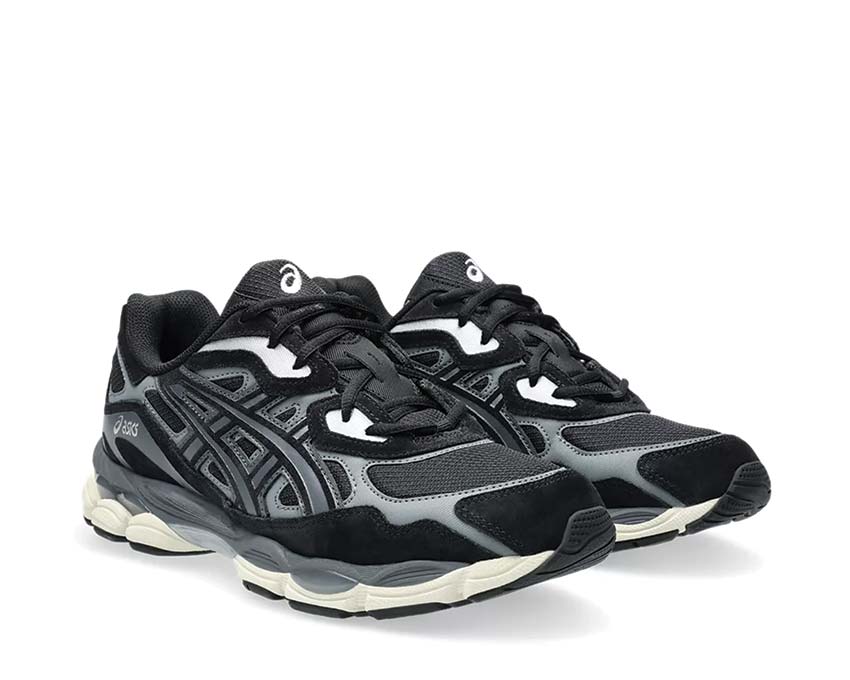 Asics Gel NYC Black/Black side view — mesh and vintage leather upper