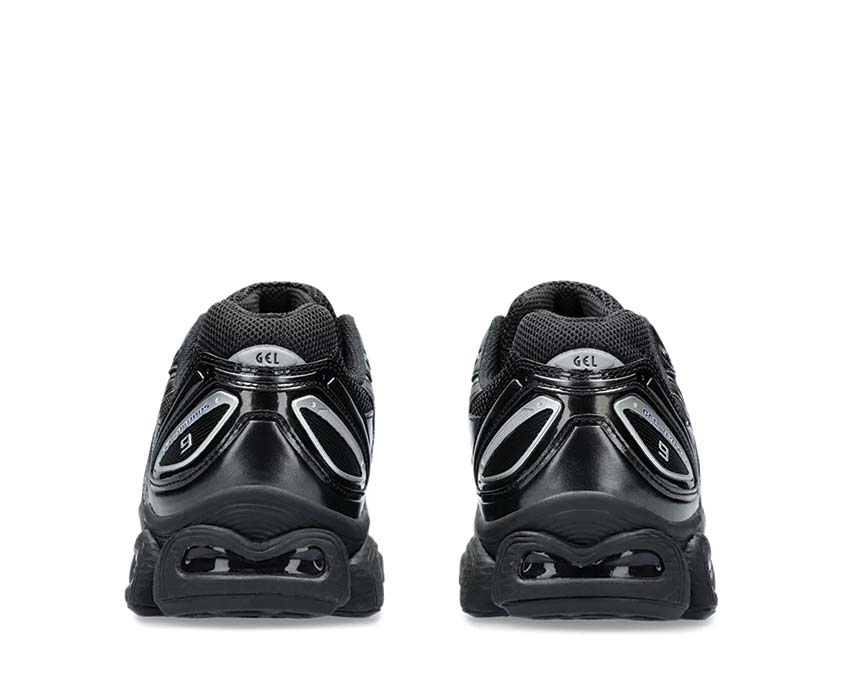 Asics Gel Nimbus 9 Black/Pure Silver détail — mesh et overlay vintage