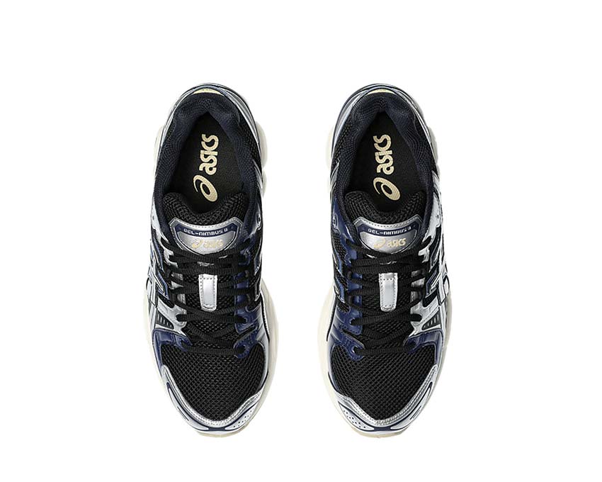 Asics Gel Nimbus 9 Black/Pure Silver arrière — amorti Gel talon