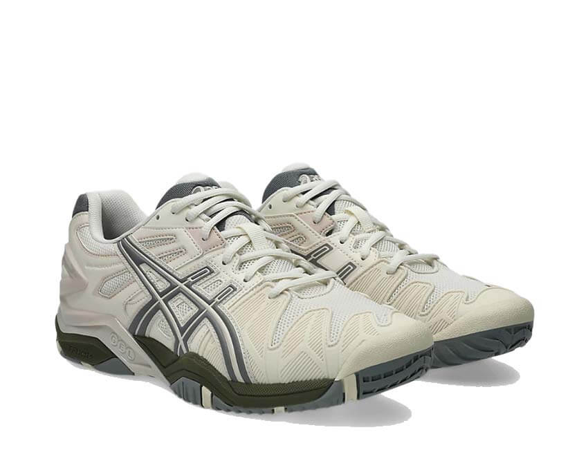 Asics Gel Resolution 5 Cream vue latérale — design empiècements tige mesh tennis ASICS