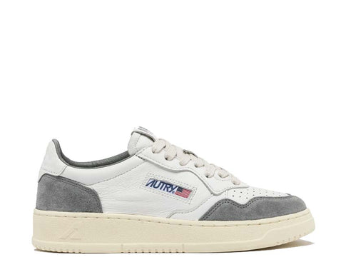 Autry Medalist Low Goat Suede White Grey — Herren-Sneaker Leder Retro Sport