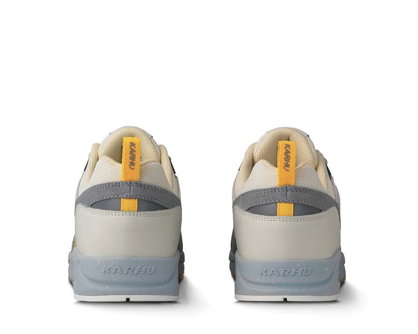Karhu Fusion 2.0 Limestone Bright White dettaglio — finiture premium pelle e mesh