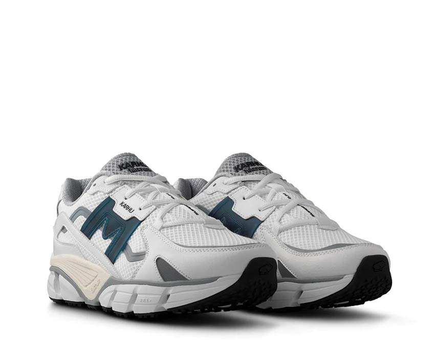 Karhu Super Fulcrum White Deep Dive vue latérale — tige cuir blanc et bleu deep dive