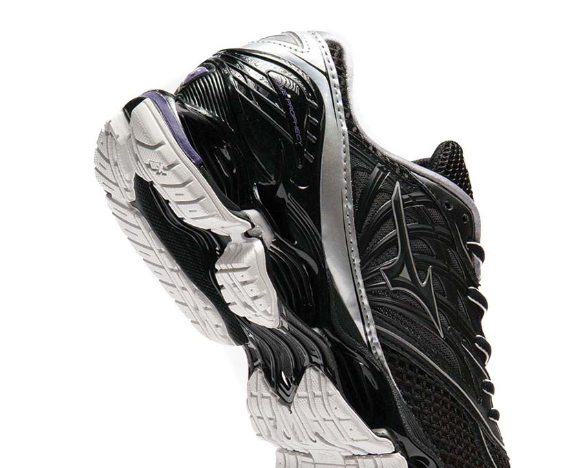 Mizuno Wave Prophecy LS Black Silver Purple Haze vue latérale — tige cuir premium