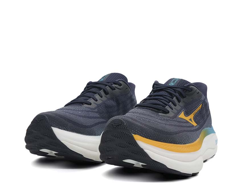 Mizuno Wave Sky 9 Baritone Blue Citrus Capri vue latérale — amorti Sky