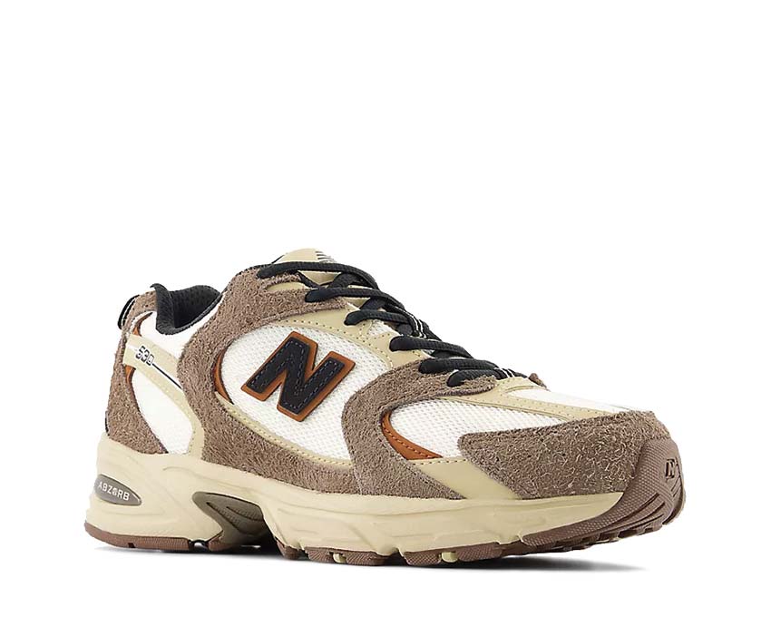 New Balance 530 Dark Mushroom Incense Linen vista laterale — tomaia in mesh traspirante