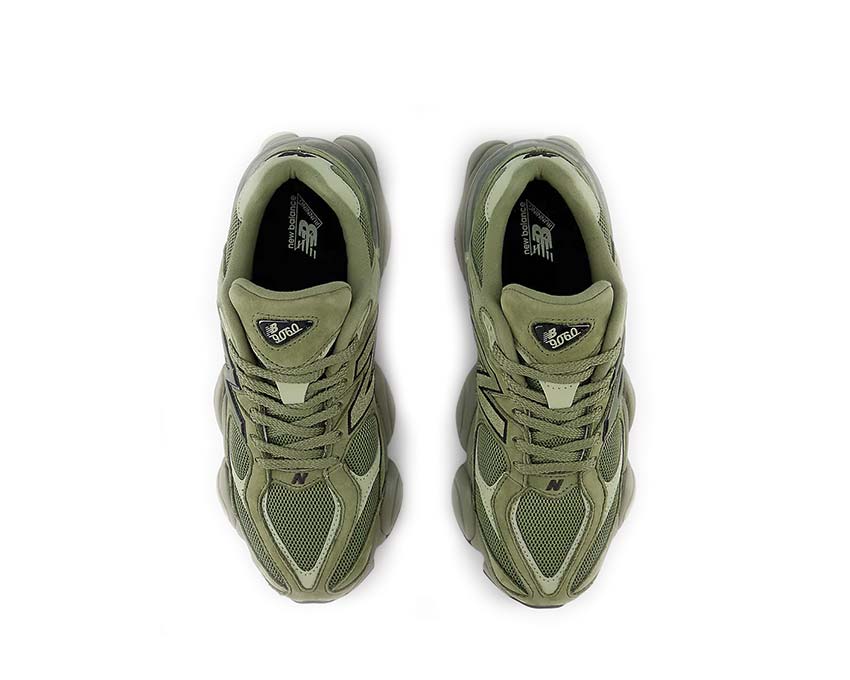 New Balance 9060 Dark Olivine détail — superpositions suède et mesh
