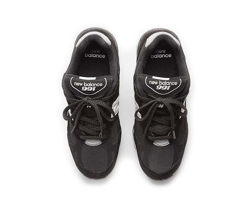 New Balance 991 Made in UK Black Silver detail — suede and mesh panels