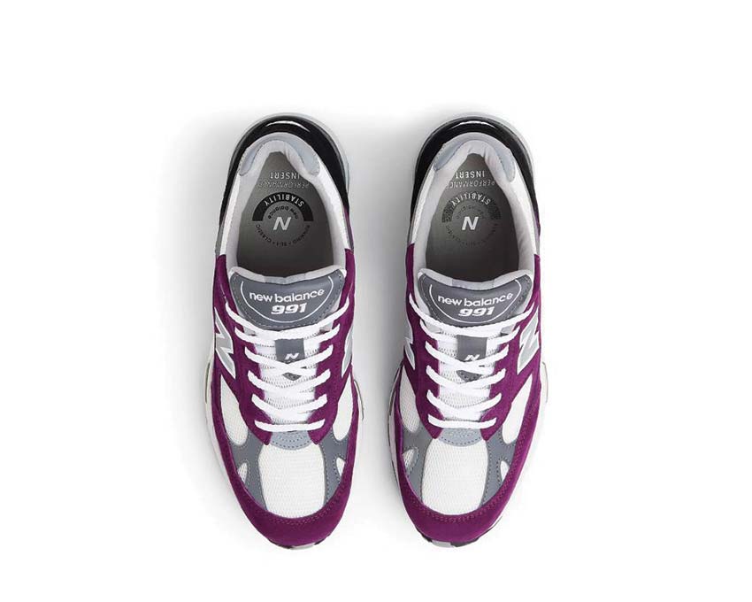 New Balance 991 Made in UK Purple détail — tige daim et mesh de qualité