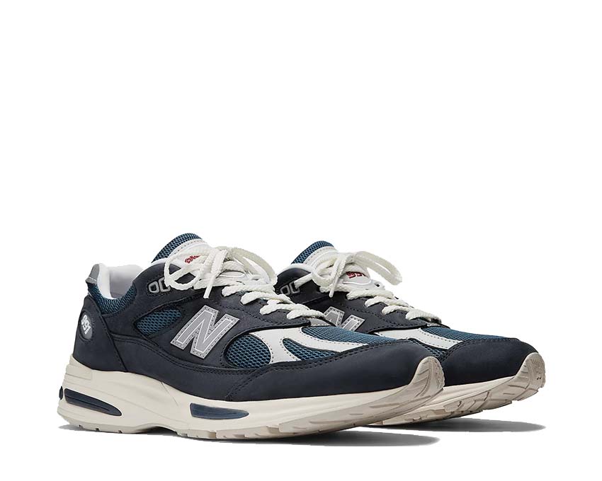 New Balance 991v2 Made in UK Total Eclipse Indian Teal vista lateral — cuero de grano completo