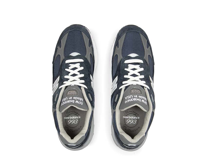 New Balance 993 Made in USA Navy detail — premium suede and pigskin quality