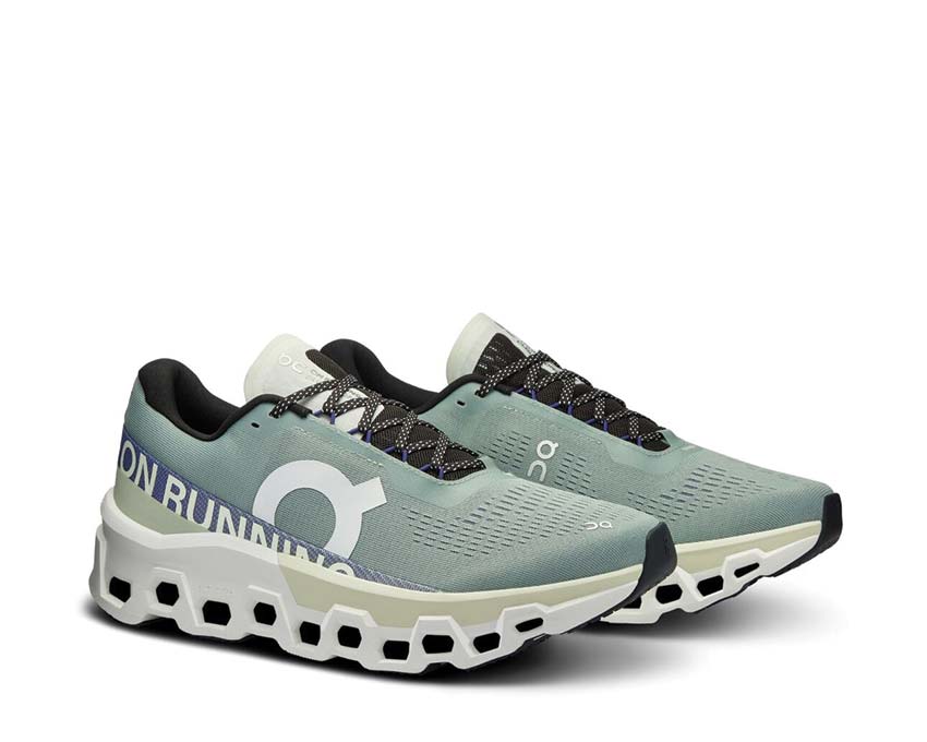 On Cloudmonster 2 Mineral/Aloe vista laterale — profilo ammortizzazione scarpa running uomo