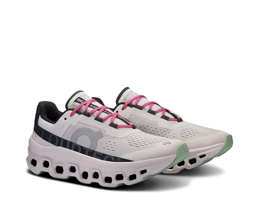 On Cloudmonster Frost/Black vista lateral — perfil amortiguación CloudTec hombre
