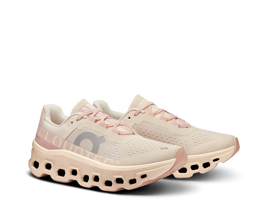 On Cloudmonster W White/Aurora vista lateral — perfil amortiguación mujer
