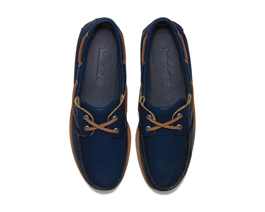 Timberland Classic Boat Shoe Dark Blue Detail — dunkelblaues Leder und gewachste Schnürsenkel