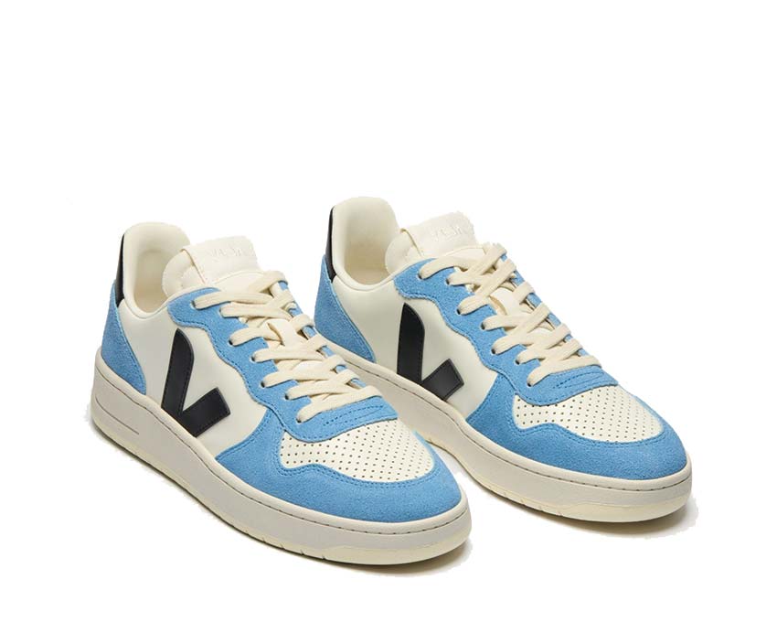 Veja V-10 Leather Pure Black Aqua vue latérale — cuir et empiècements