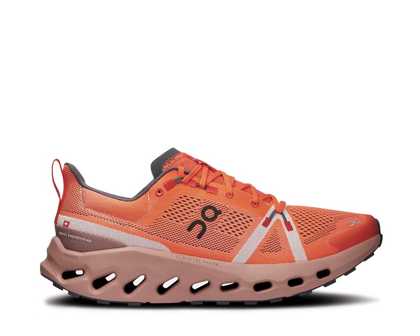 On Cloudsurfer Trail Flame/Dustrose — lightweight trail men sole Missiongrip