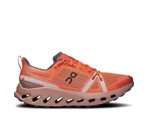 On Cloudsurfer Trail Flame/Dustrose — lightweight trail men sole Missiongrip