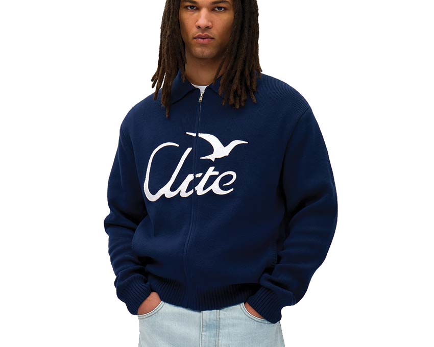 Arte Bird Logo Knit Navy side view — fine knit embroidered logo