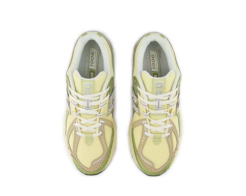 New Balance 1906R Yellow Parchment dettaglio — ricamo N laterale cuoio