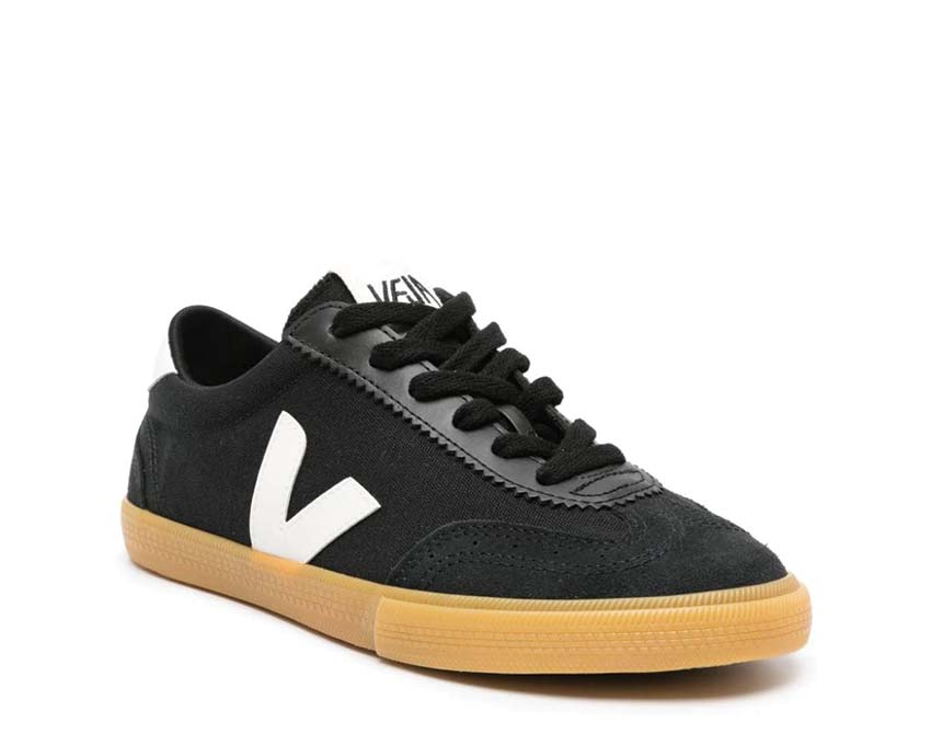 Veja Volley Black/White side view — organic cotton canvas