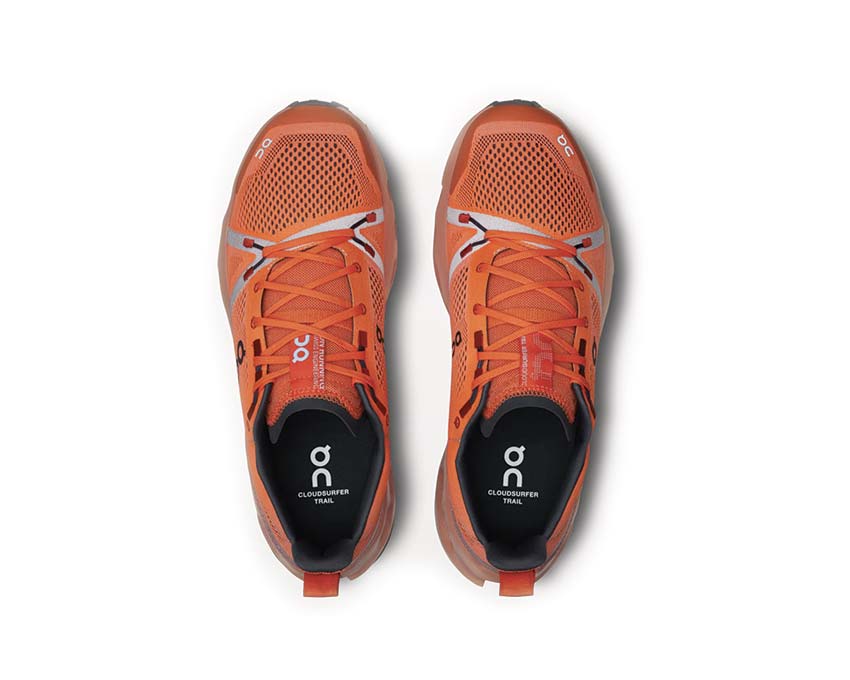 On Cloudsurfer Trail Flame/Dustrose rear view — cushioning trail Missiongrip