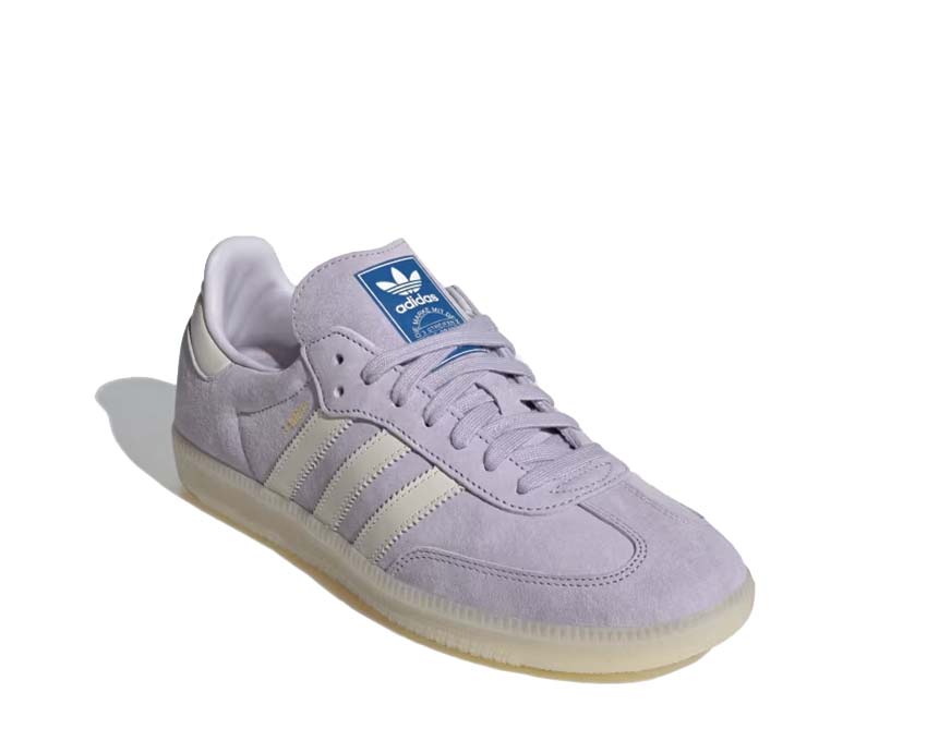 Adidas Samba OG Silver Dawn vista laterale — pelle argento iridescente e Chalk White