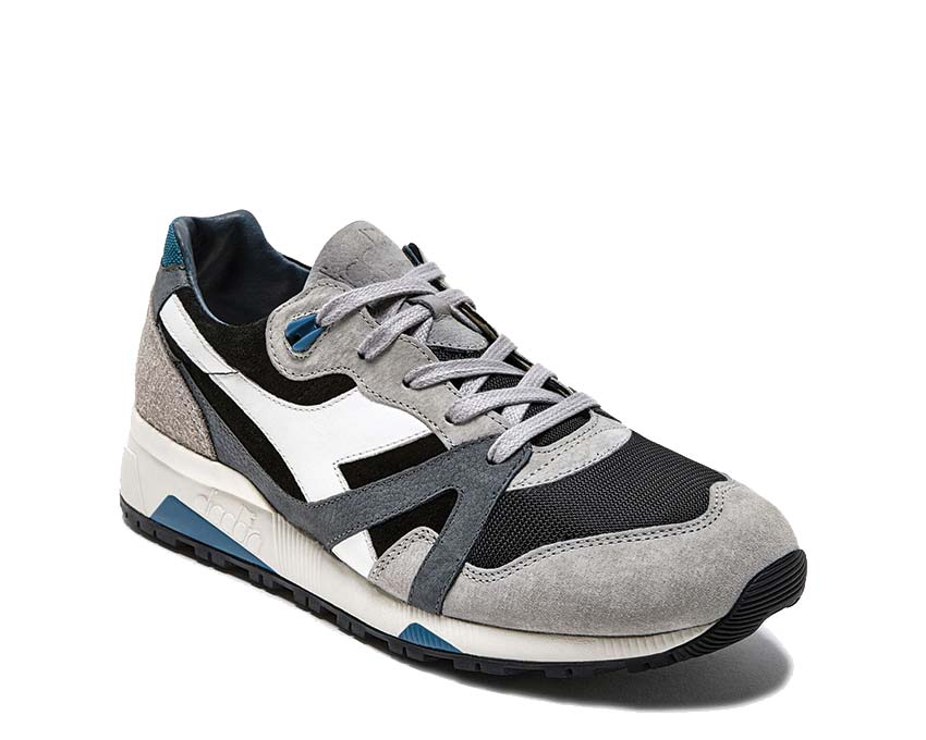 Diadora N9000 Italia Black Paloma Grey vue latérale — profil cuir tricolore