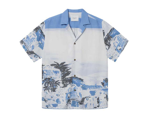 Les Deux Coastal AOP SS Shirt Washed Denim Blue — chemise unisexe AOP denim
