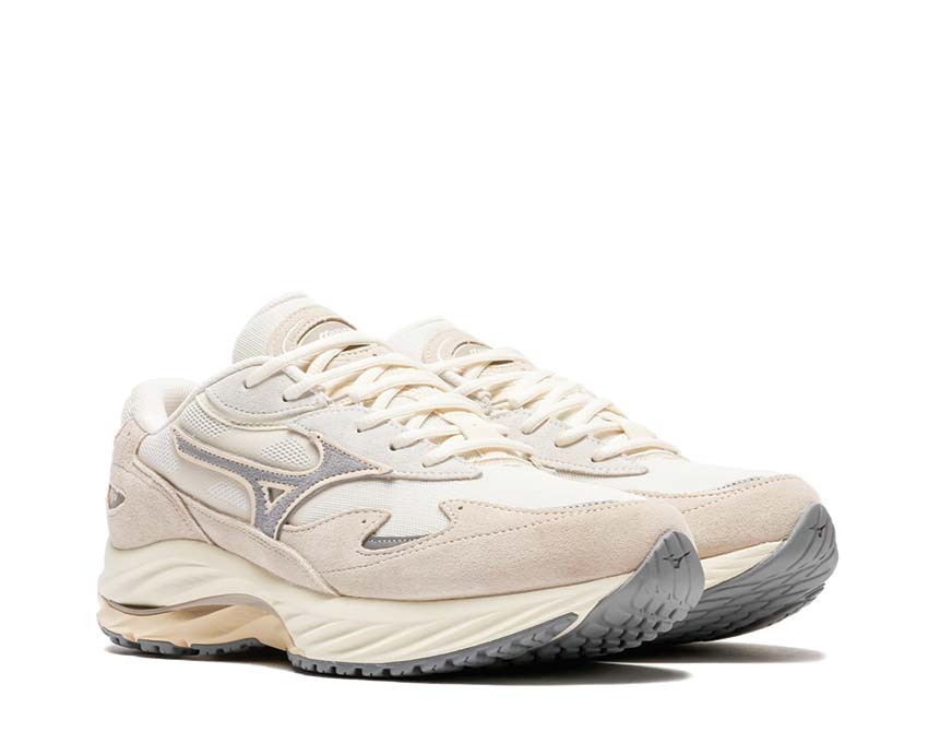 Mizuno Wave Rider Beta White Sand/Ultimate Gray vista laterale — mesh traspirante running