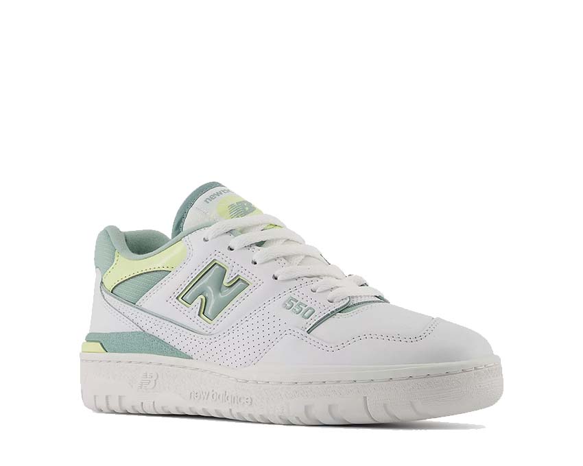 New Balance 550 W White Salt Marsh Seitenansicht — Cupsole Limelight Akzent