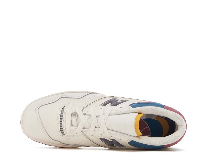 New Balance 550 White Multi detail — embroidered NB logo colorful heel
