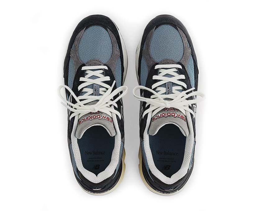 New Balance 990 Made in USA Spring Tide Navy Detail — Mesh Wildleder Konstruktion